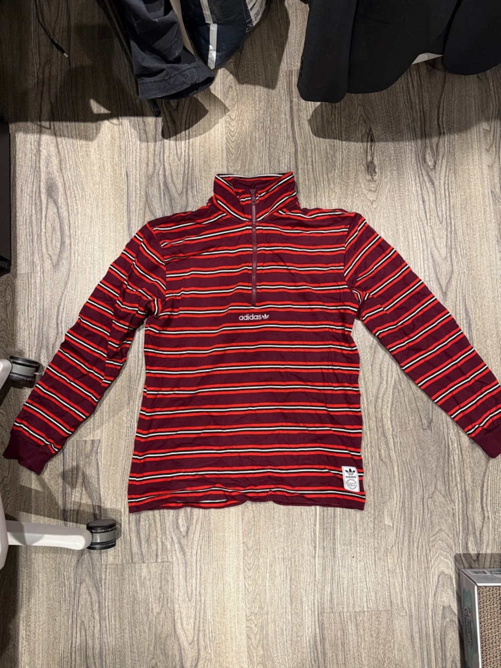 Vintage Adidas Red and Black Striped Quarter-Zip Pullover